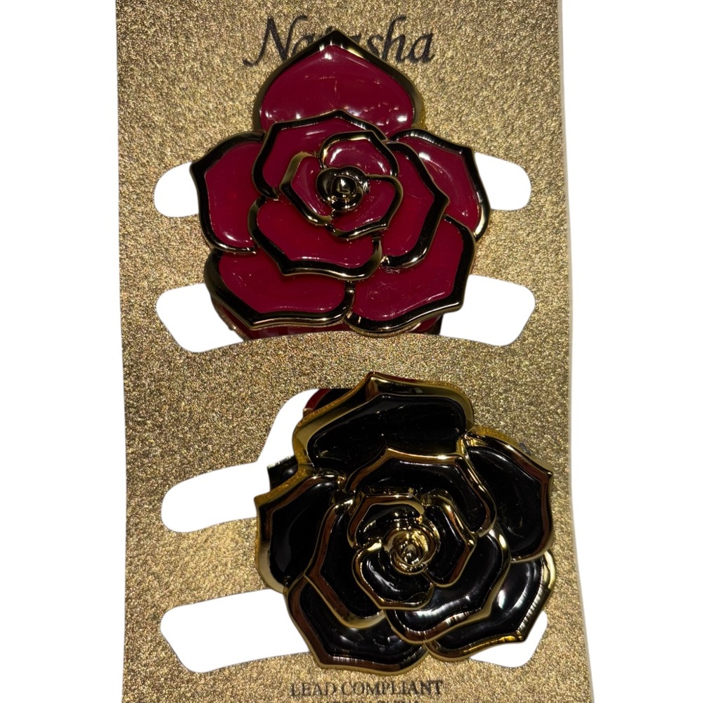 Natasha Hair Clips Gothic Red and Black Roses with Gold Trimming